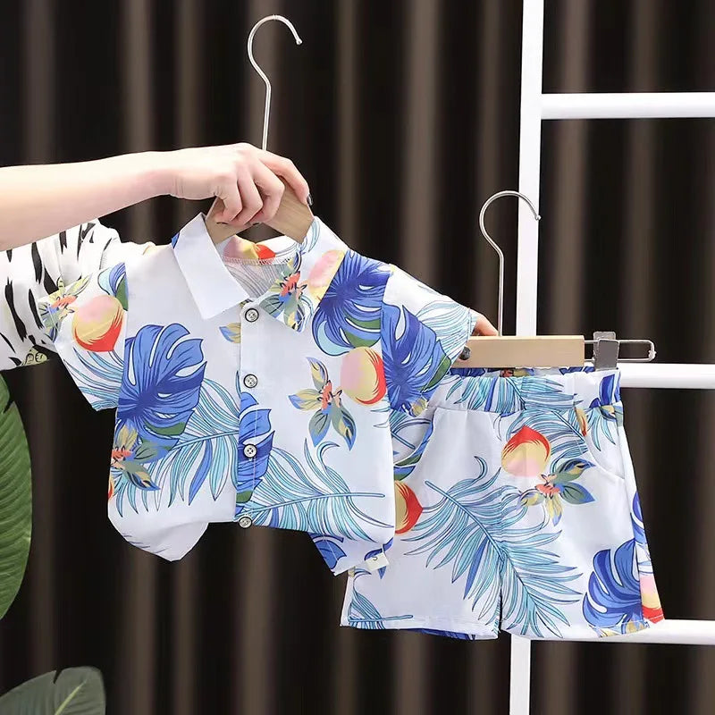 1 Set Boys Girls Beach Wind Suit Children's Short-Sleeved Printed Shirt + Shorts Suit Children's Cute Summer Thin Baby Clothes - Clikcy