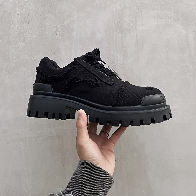 Men's Stylish Star Design Platform Derby Shoes - Casual & Business-Ready, Black with White Rubber Sole, Round Toe, Lace-Up, Perfect for Parties, Outdoor Activities & Everyday Streetwear - Clikcy