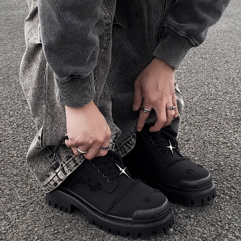 Men's Stylish Star Design Platform Derby Shoes - Casual & Business-Ready, Black with White Rubber Sole, Round Toe, Lace-Up, Perfect for Parties, Outdoor Activities & Everyday Streetwear - Clikcy