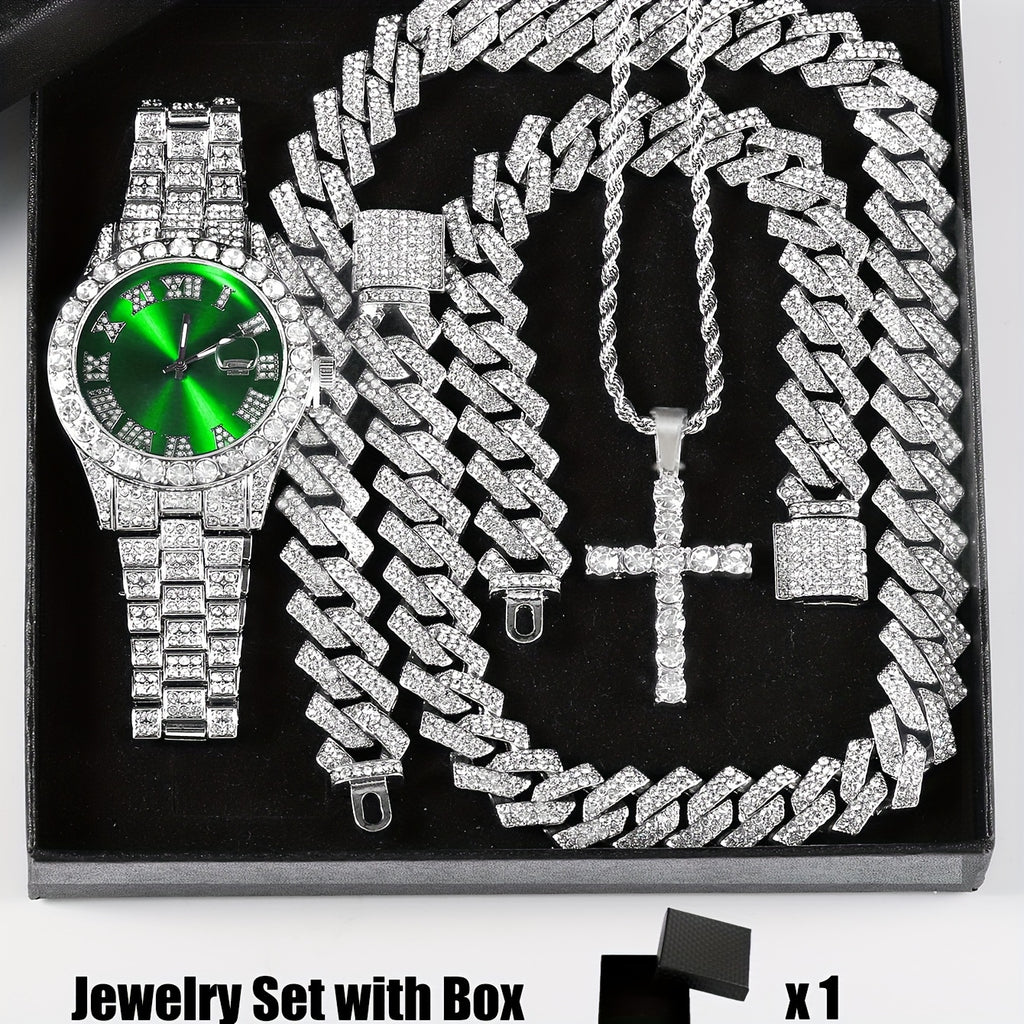 4pcs/set, Men's Rhinestone Wrist Watch & Cross Pendent Jewelry Set, For Men/Women - Clikcy