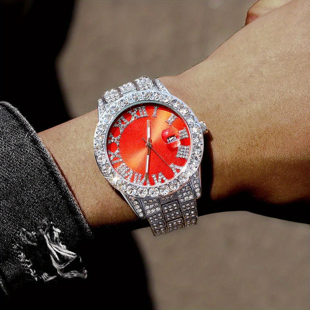 4pcs/set, Men's Rhinestone Wrist Watch & Cross Pendent Jewelry Set, For Men/Women - Clikcy