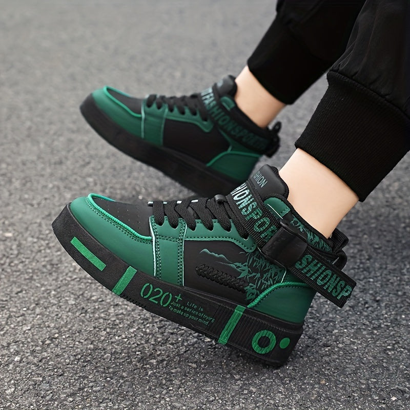 Men's High-Top Fashion Sneakers - Casual Lace-Up Athletic Shoes with Solid Color PU Upper, Breathable PU Lining, Durable Rubber Sole, and Comfort Fabric Insole - Clikcy