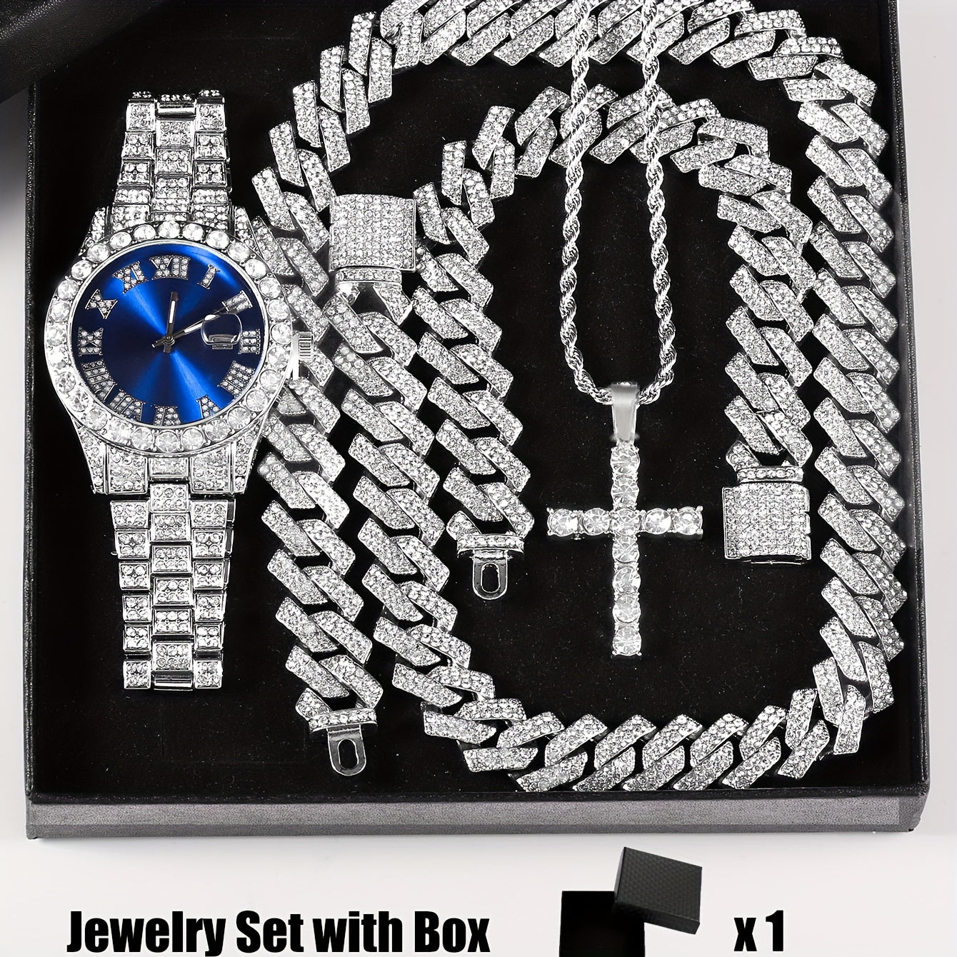 4pcs/set, Men's Rhinestone Wrist Watch & Cross Pendent Jewelry Set, For Men/Women - Clikcy