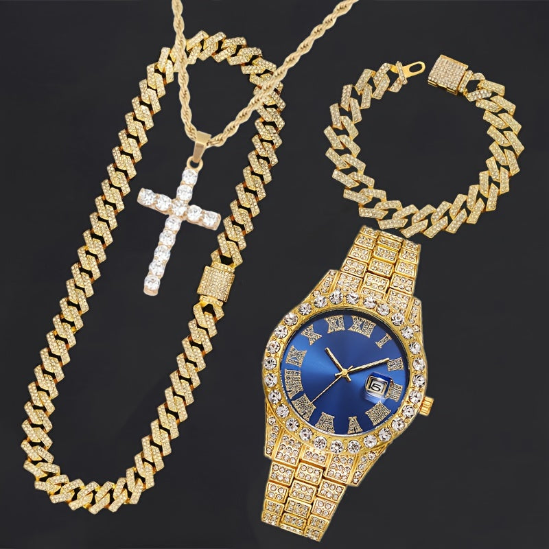 4pcs/set, Men's Rhinestone Wrist Watch & Cross Pendent Jewelry Set, For Men/Women - Clikcy