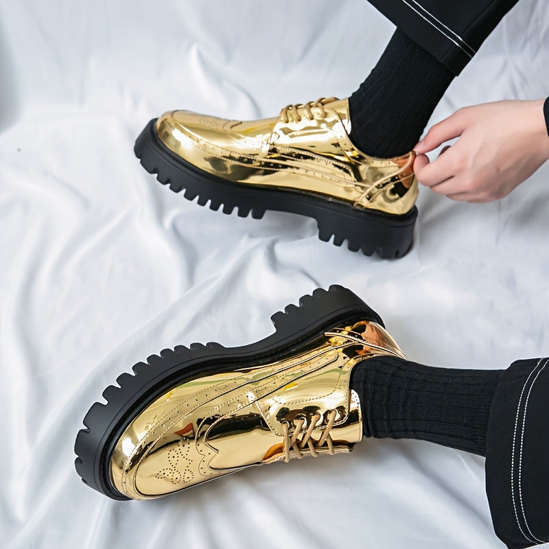 Men'S Stylish Golden Dress Shoes - Elegant Lace-Up Loafers for Business, Formal Events & Casual Attire, All-Season Comfort, Rubber Sole, Upper, Casual Dress Shoes | Golden Shoe Design | Rubber Sole Shoes - Clikcy