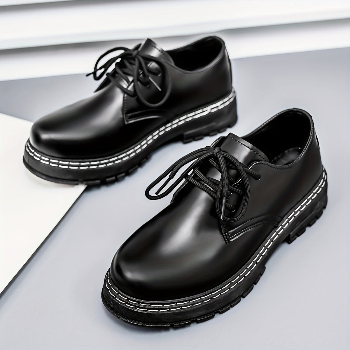 Men'S Classic Black Oxfords, Casual Lace-Up Dress Shoes, Solid Color Faux Low Top with PVC Sole, Round Toe for Daily & Business Wear, Spring/Fall Season - Clikcy