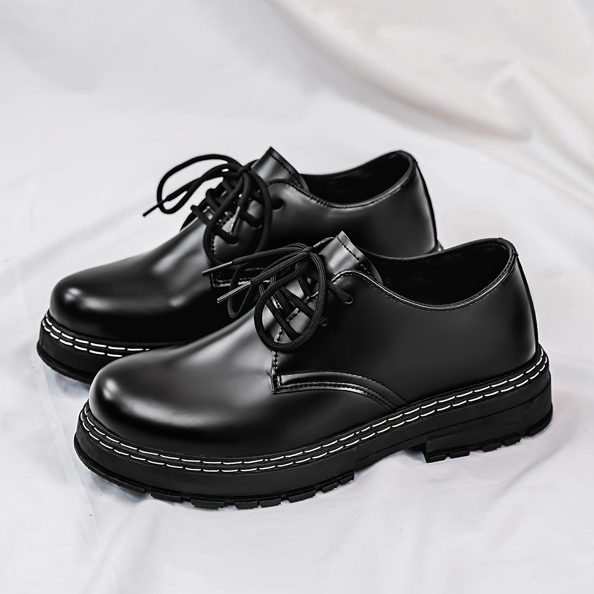 Men'S Classic Black Oxfords, Casual Lace-Up Dress Shoes, Solid Color Faux Low Top with PVC Sole, Round Toe for Daily & Business Wear, Spring/Fall Season - Clikcy