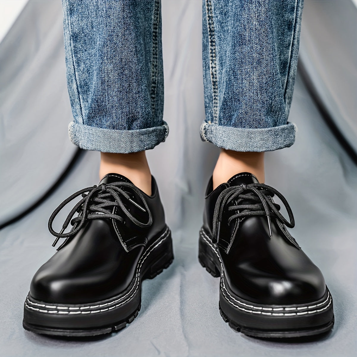 Men'S Classic Black Oxfords, Casual Lace-Up Dress Shoes, Solid Color Faux Low Top with PVC Sole, Round Toe for Daily & Business Wear, Spring/Fall Season - Clikcy