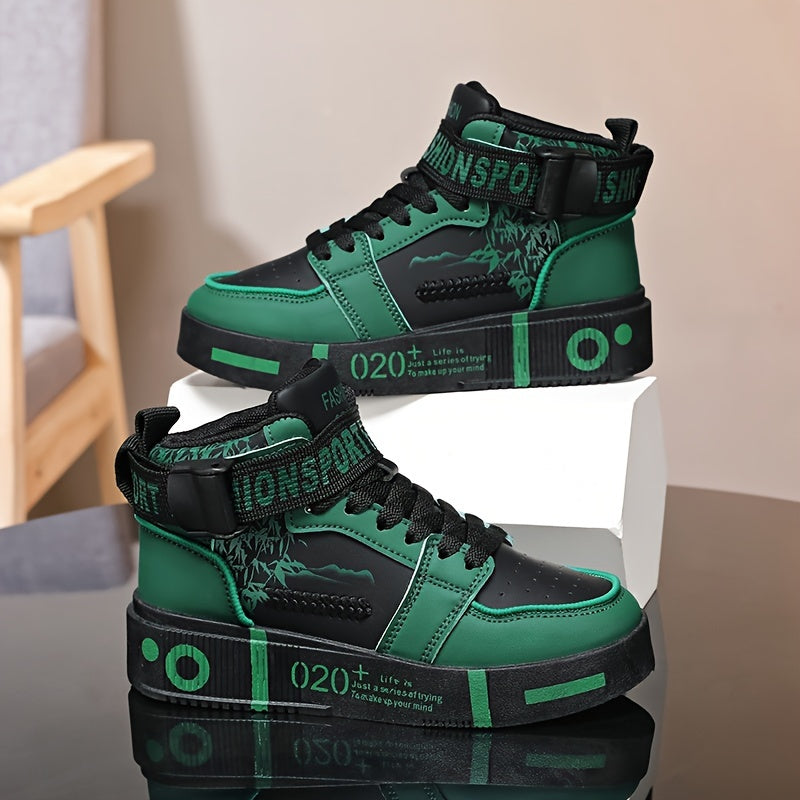 Men's High-Top Fashion Sneakers - Casual Lace-Up Athletic Shoes with Solid Color PU Upper, Breathable PU Lining, Durable Rubber Sole, and Comfort Fabric Insole - Clikcy