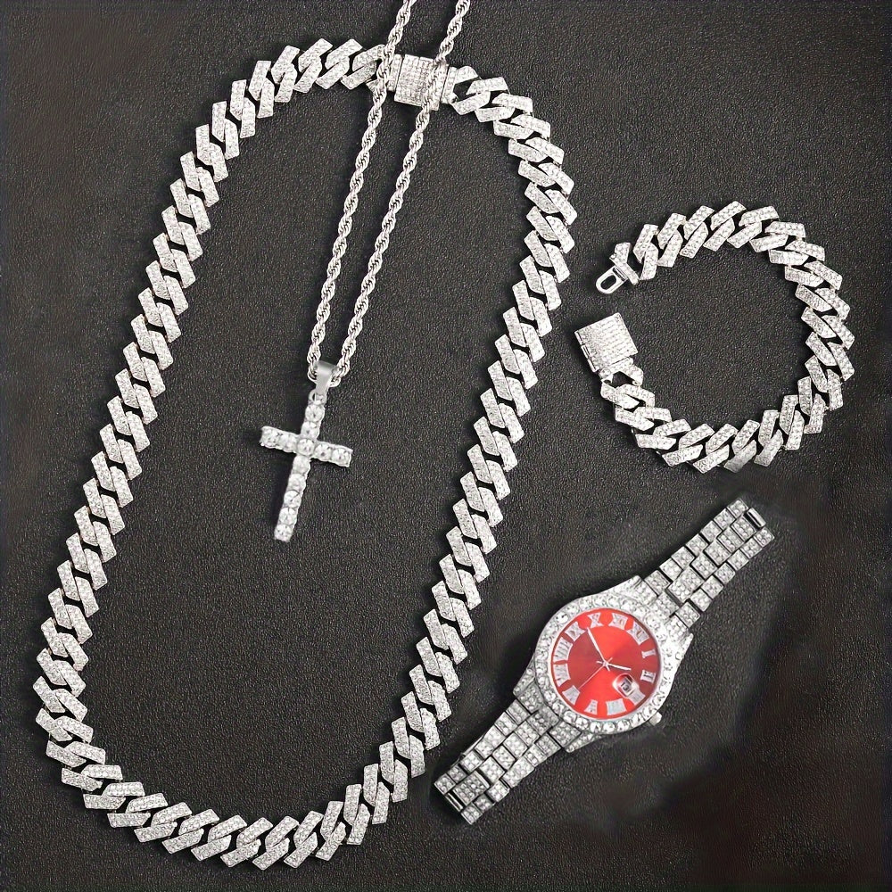 4pcs/set, Men's Rhinestone Wrist Watch & Cross Pendent Jewelry Set, For Men/Women - Clikcy