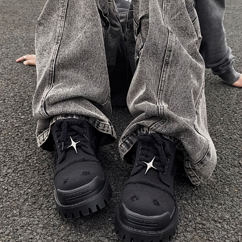 Men's Stylish Star Design Platform Derby Shoes - Casual & Business-Ready, Black with White Rubber Sole, Round Toe, Lace-Up, Perfect for Parties, Outdoor Activities & Everyday Streetwear - Clikcy