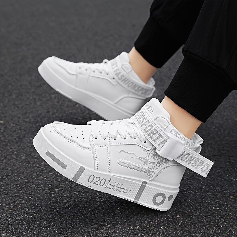 Men's High-Top Fashion Sneakers - Casual Lace-Up Athletic Shoes with Solid Color PU Upper, Breathable PU Lining, Durable Rubber Sole, and Comfort Fabric Insole - Clikcy