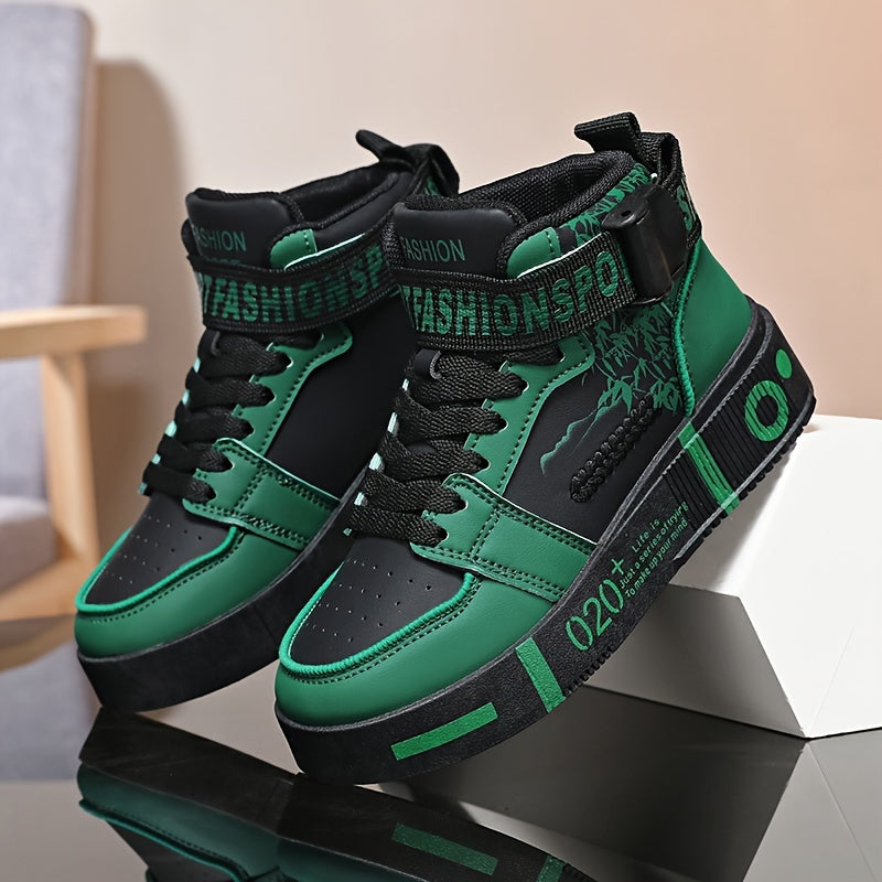 Men's High-Top Fashion Sneakers - Casual Lace-Up Athletic Shoes with Solid Color PU Upper, Breathable PU Lining, Durable Rubber Sole, and Comfort Fabric Insole - Clikcy