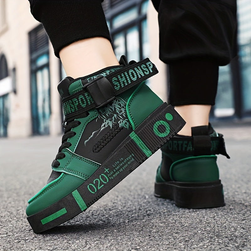 Men's High-Top Fashion Sneakers - Casual Lace-Up Athletic Shoes with Solid Color PU Upper, Breathable PU Lining, Durable Rubber Sole, and Comfort Fabric Insole - Clikcy