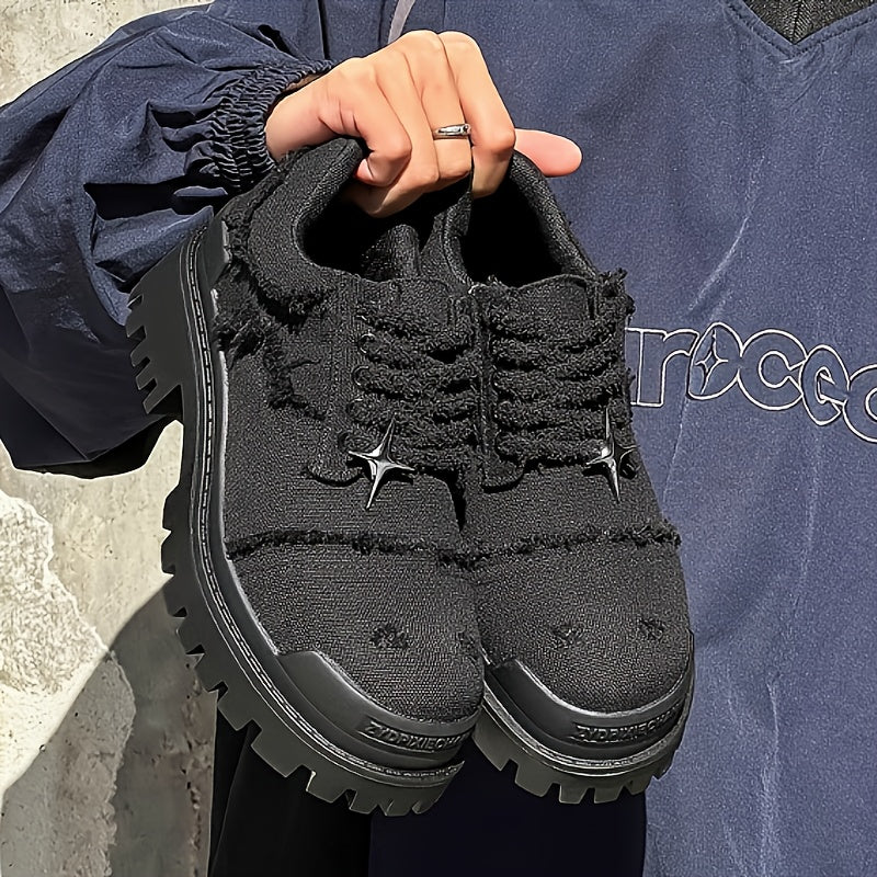 Men's Stylish Star Design Platform Derby Shoes - Casual & Business-Ready, Black with White Rubber Sole, Round Toe, Lace-Up, Perfect for Parties, Outdoor Activities & Everyday Streetwear - Clikcy