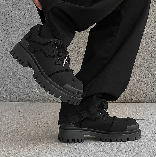 Men's Stylish Star Design Platform Derby Shoes - Casual & Business-Ready, Black with White Rubber Sole, Round Toe, Lace-Up, Perfect for Parties, Outdoor Activities & Everyday Streetwear - Clikcy