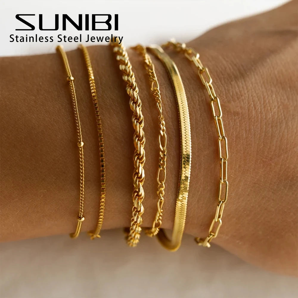 SUNIBI Classic Snake Chain Bracelets for Women Trend  Fashion Stainless Steel Cuban Chain Bracelet Trendy Woman Gifts Jewelry - Clikcy