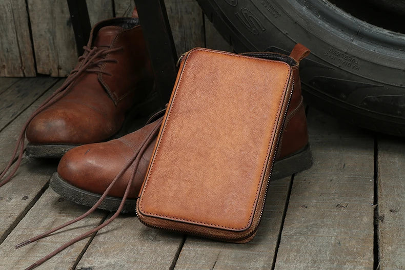 Vintage Genuine leather wallet Men leather long wallet men purse clutch bag male money clips zip around money bag card holder - Clikcy