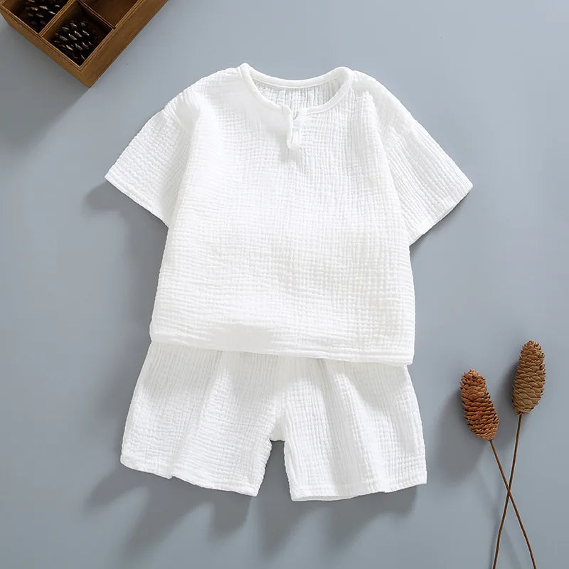 Summer Clothing Sets Organic Double Gauze Cotton Home Wear Kids Clothes Suit Summer Kids Pajama Short Sleeve Shorts Suit White - Clikcy