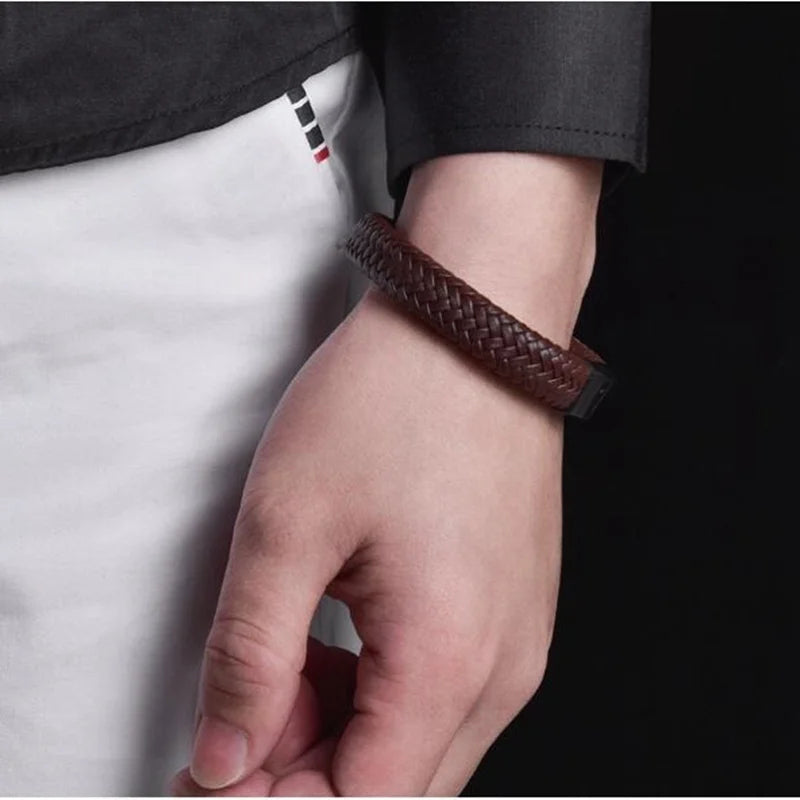Punk Brown Braided Leather Bracelet for Men High Quality Jewelry Metal Magnetic Clasp Bracelet Male Gift - Clikcy