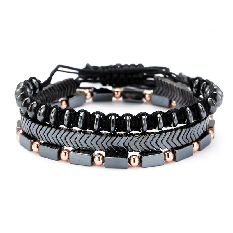 Noter 3pcs/set Mens Bracelet Set Braided Rope Braslet Natural Hematite Braclet Stone Adjustable Male Charm Brazalete Accessories - Clikcy
