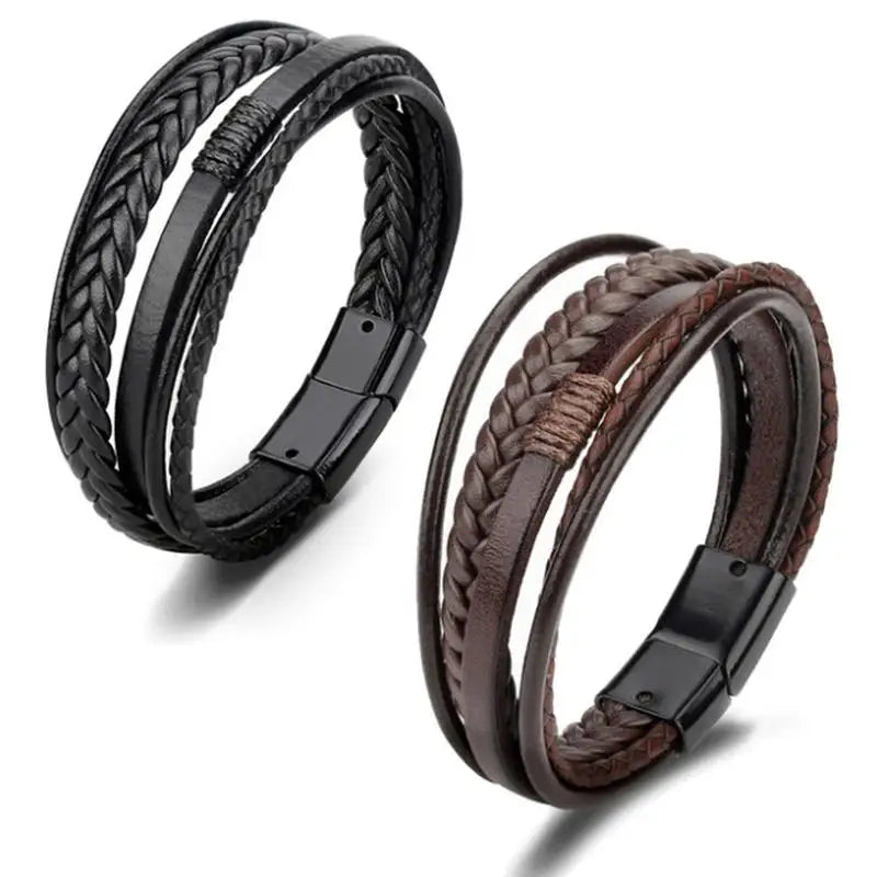 Classic Black Multilayer Leather Bracelet Men Casual Punk Party Jewelry Male Hand Band Gift - Clikcy