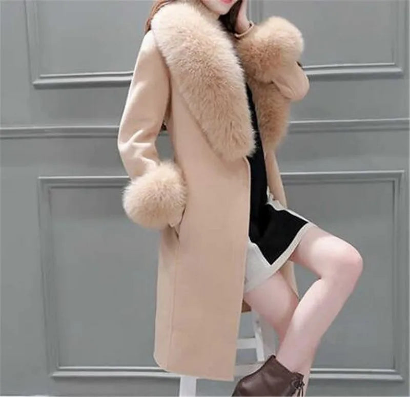 2025 Autumn Winter High End Fashion Coat Slim Was Thin Woolen Coat Faux Fur Fur Collar Slim Was Thin Mid-length Coat Women Coat - Clikcy