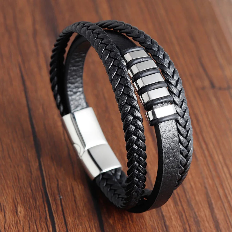 Trendy Genuine Leather Bracelets Men Stainless Steel Multilayer Braided Rope Bracelets for Male Female Bracelets Jewelry