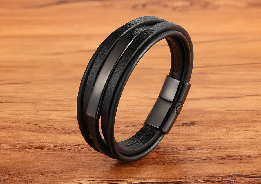 XQNI Geometric Stainless Steel Accessories Combination Leather Men's Bracelet Classic Multi-layer Luxury Style For Handsome Gift - Clikcy