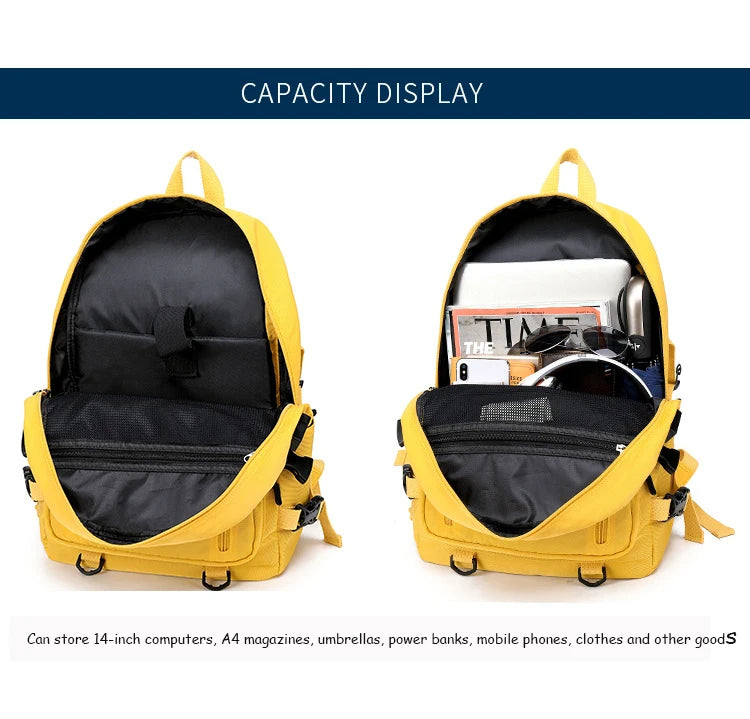 Fashion Leisure Yellow Backpack Waterproof Large School Backpack For Teenager USB College Back pack - Clikcy