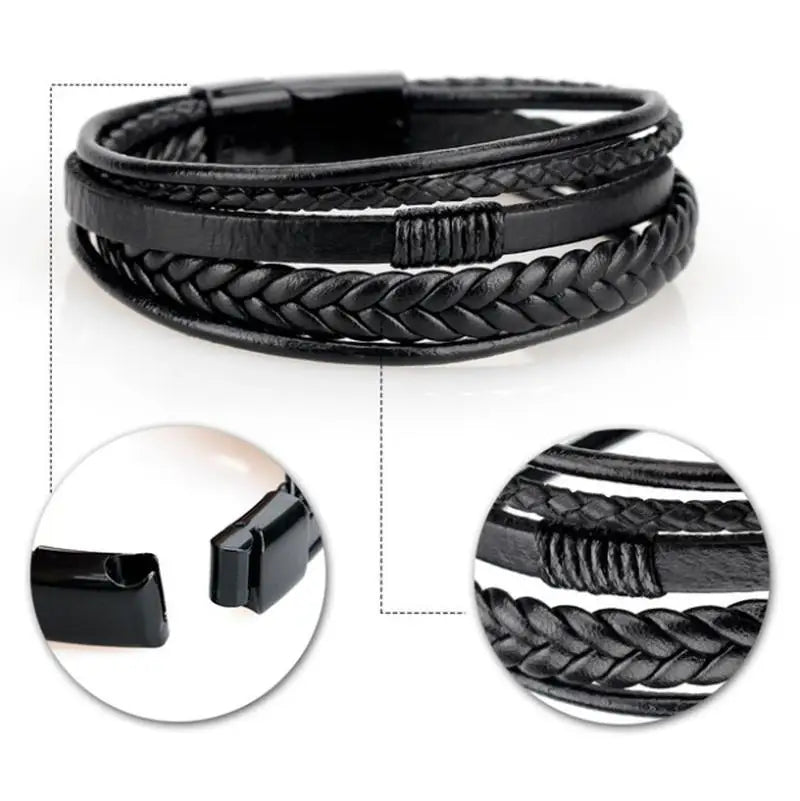 Classic Black Multilayer Leather Bracelet Men Casual Punk Party Jewelry Male Hand Band Gift - Clikcy
