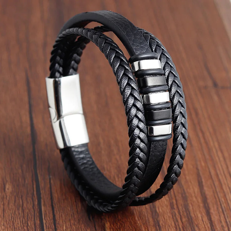 Trendy Genuine Leather Bracelets Men Stainless Steel Multilayer Braided Rope Bracelets for Male Female Bracelets Jewelry - Clikcy