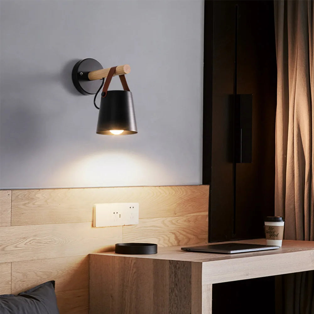 Nordic Wood Wall Lights Bedroom Bedside Lamp Black White Modern E27 Steering Head Wall Lamps LED Home Lighting Sconce Room Decor - Clikcy
