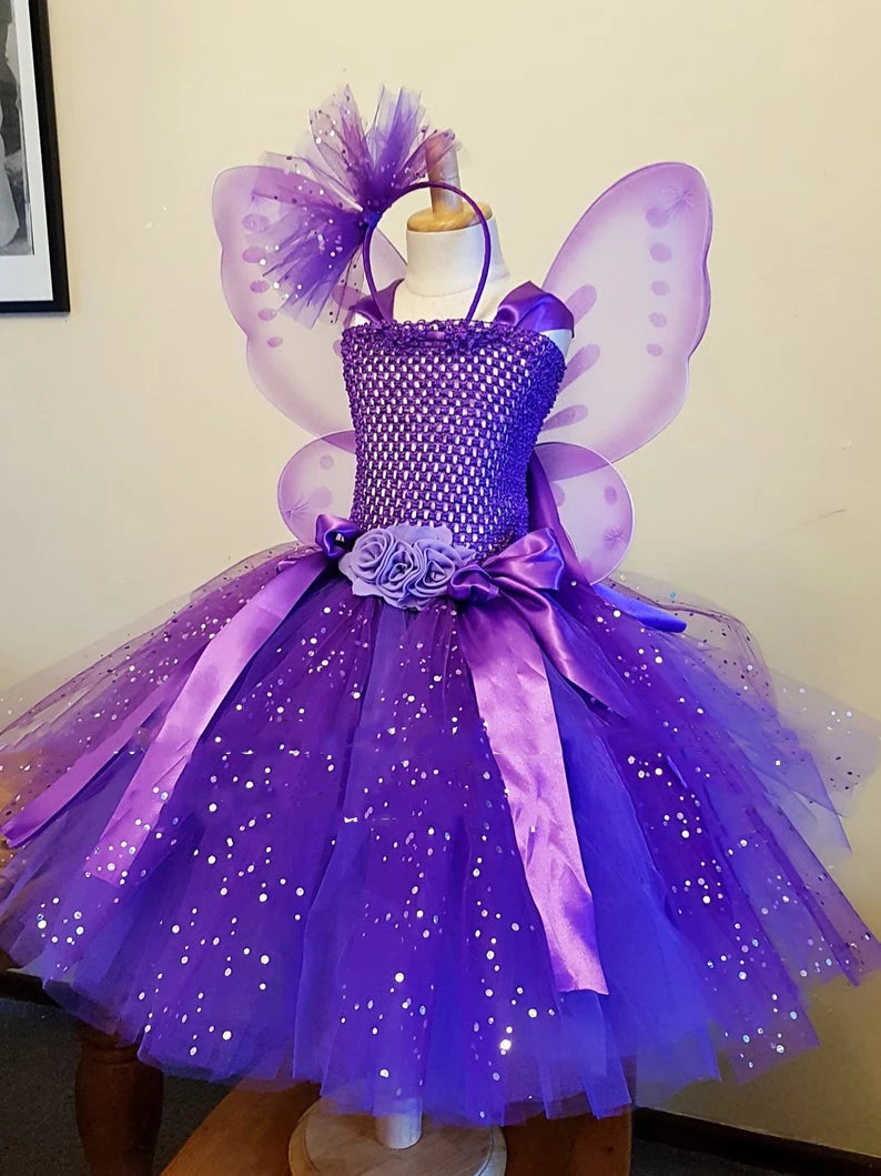 Girls Purple Butterfly Flower Tutu Dress Kids Glitter Tulle Dress Ball Gown with Wing Children Birthday Party Costume Dresses - Clikcy