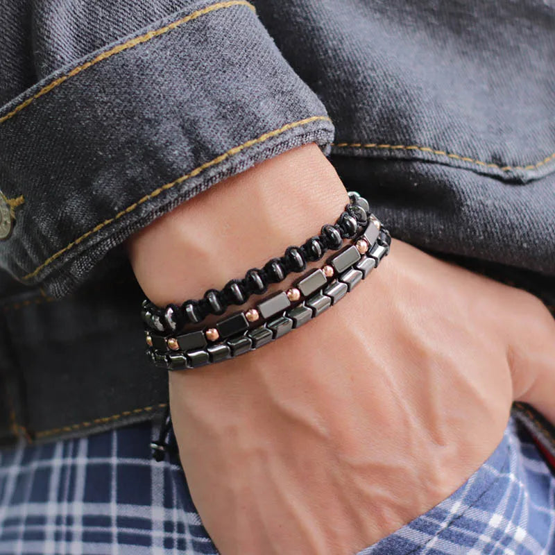Noter 3pcs/set Mens Bracelet Set Braided Rope Braslet Natural Hematite Braclet Stone Adjustable Male Charm Brazalete Accessories - Clikcy