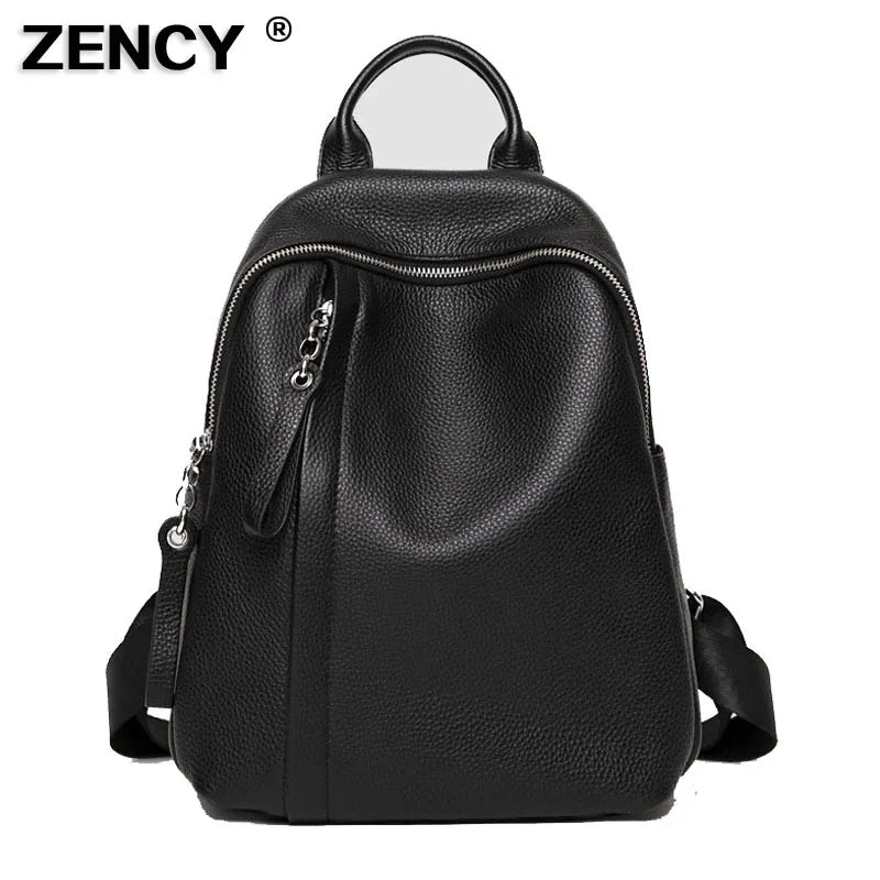 ZENCY Genuine Cow Leather Silver Metal Hardware Women Black White Color Backpacks Young Girl First Layer Cowhide Shooping Bag - Clikcy