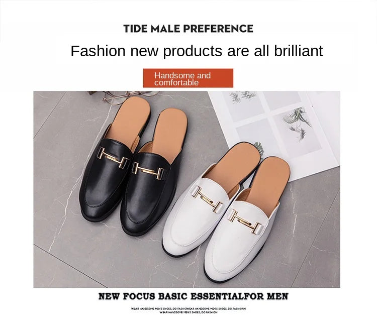 White Slip on Shoes Men Mules Leather Shoes Man Classic Black Half Shoes for Men 2025 Mules Homme Chaussure Homme Mule Masculino
