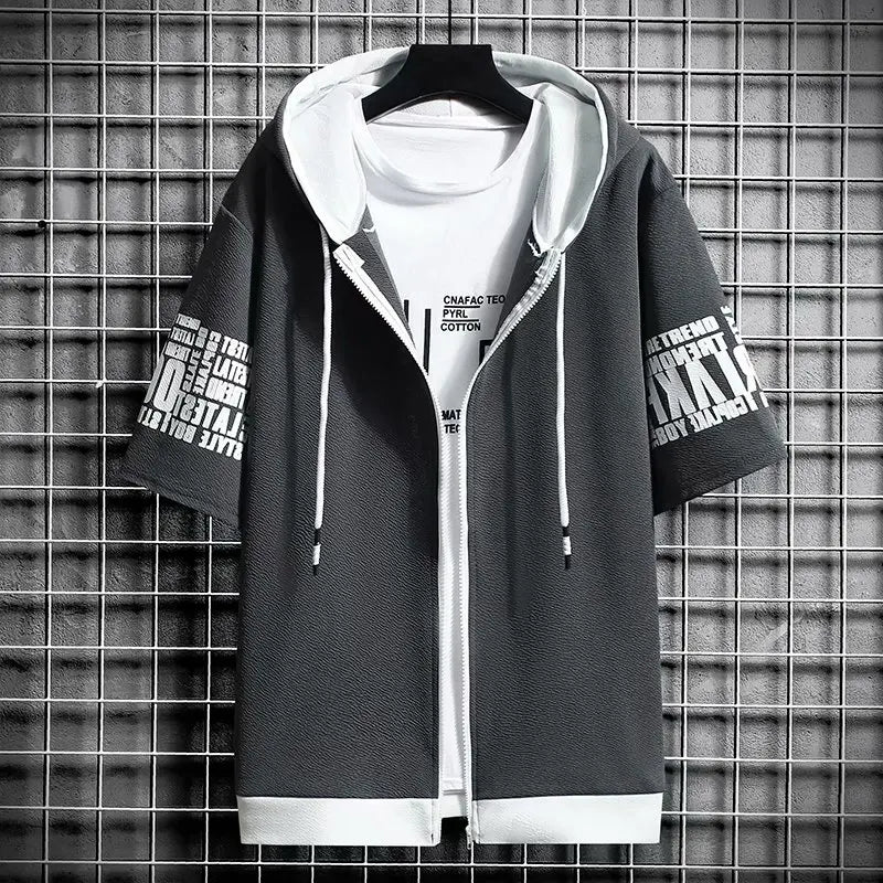Japan Style Men's Hoodies Fashion Streetwear Short Sleeve Hooded Sweatshirts Men Casual Harajuku Prints Men Clothing Hoodies - Clikcy