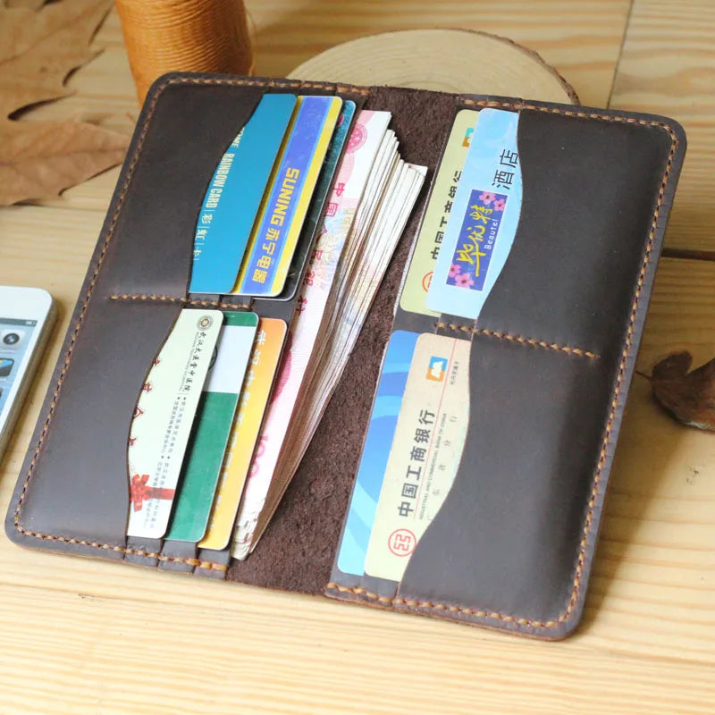 Handmade Vintage Crazy horse Genuine Leather Wallet men Leather long wallet clutch bag male purse money clips money bag - Clikcy