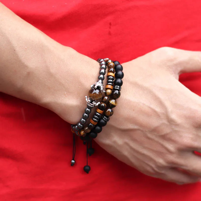 Noter 3pcs/set Mens Bracelet Set Braided Rope Braslet Natural Hematite Braclet Stone Adjustable Male Charm Brazalete Accessories - Clikcy