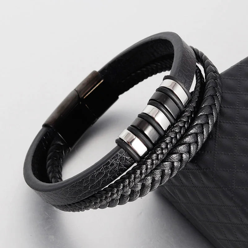 Trendy Genuine Leather Bracelets Men Stainless Steel Multilayer Braided Rope Bracelets for Male Female Bracelets Jewelry - Clikcy