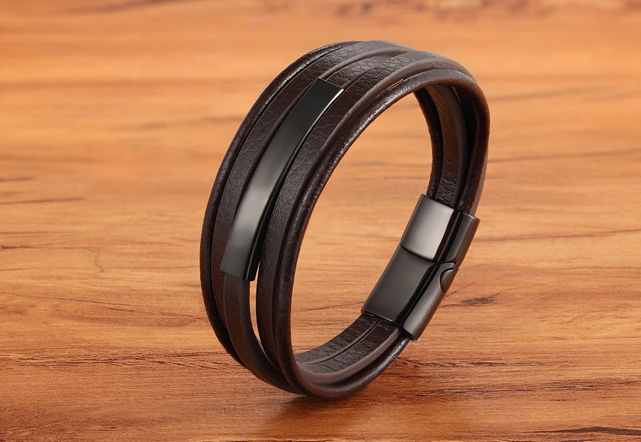 XQNI Geometric Stainless Steel Accessories Combination Leather Men's Bracelet Classic Multi-layer Luxury Style For Handsome Gift - Clikcy