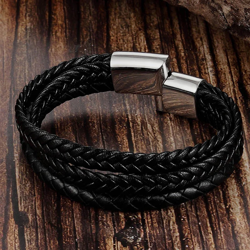 Trendy Genuine Leather Bracelets Men Stainless Steel Multilayer Braided Rope Bracelets for Male Female Bracelets Jewelry - Clikcy