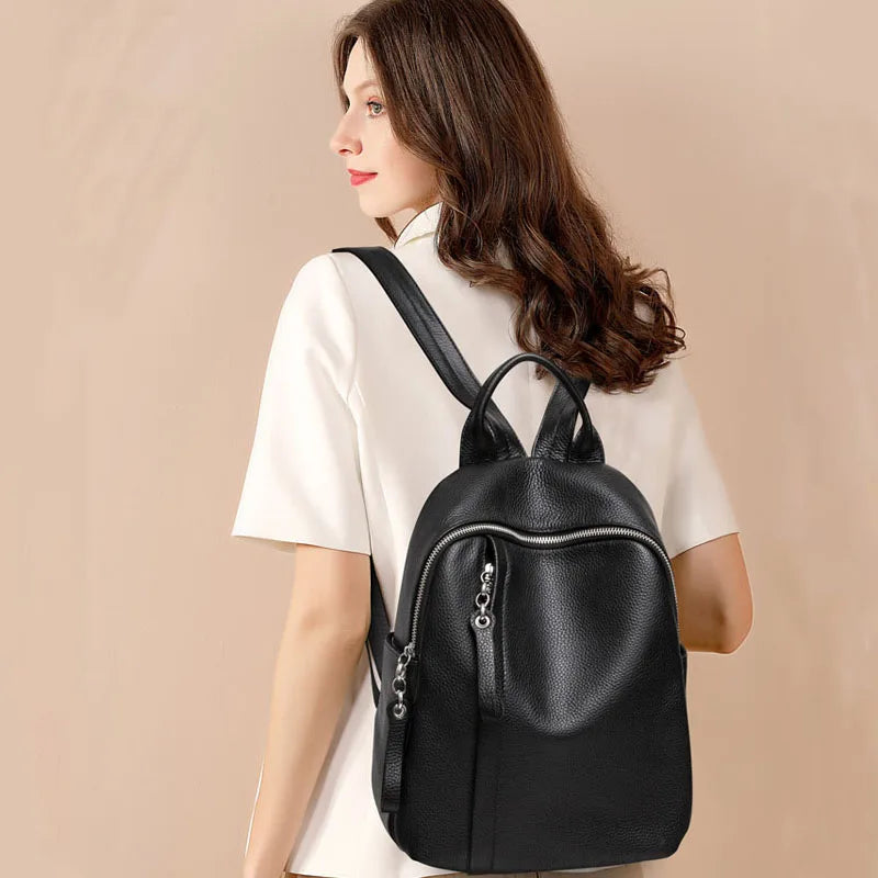 ZENCY Genuine Cow Leather Silver Metal Hardware Women Black White Color Backpacks Young Girl First Layer Cowhide Shooping Bag - Clikcy