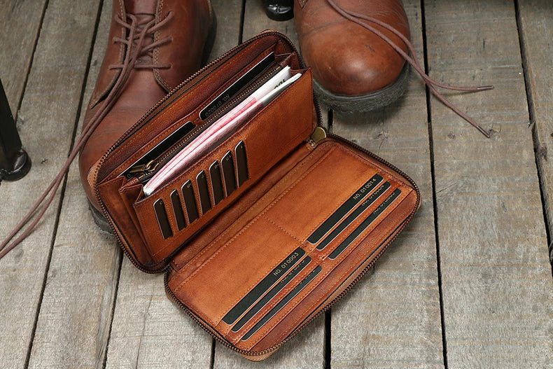 Vintage Genuine leather wallet Men leather long wallet men purse clutch bag male money clips zip around money bag card holder - Clikcy