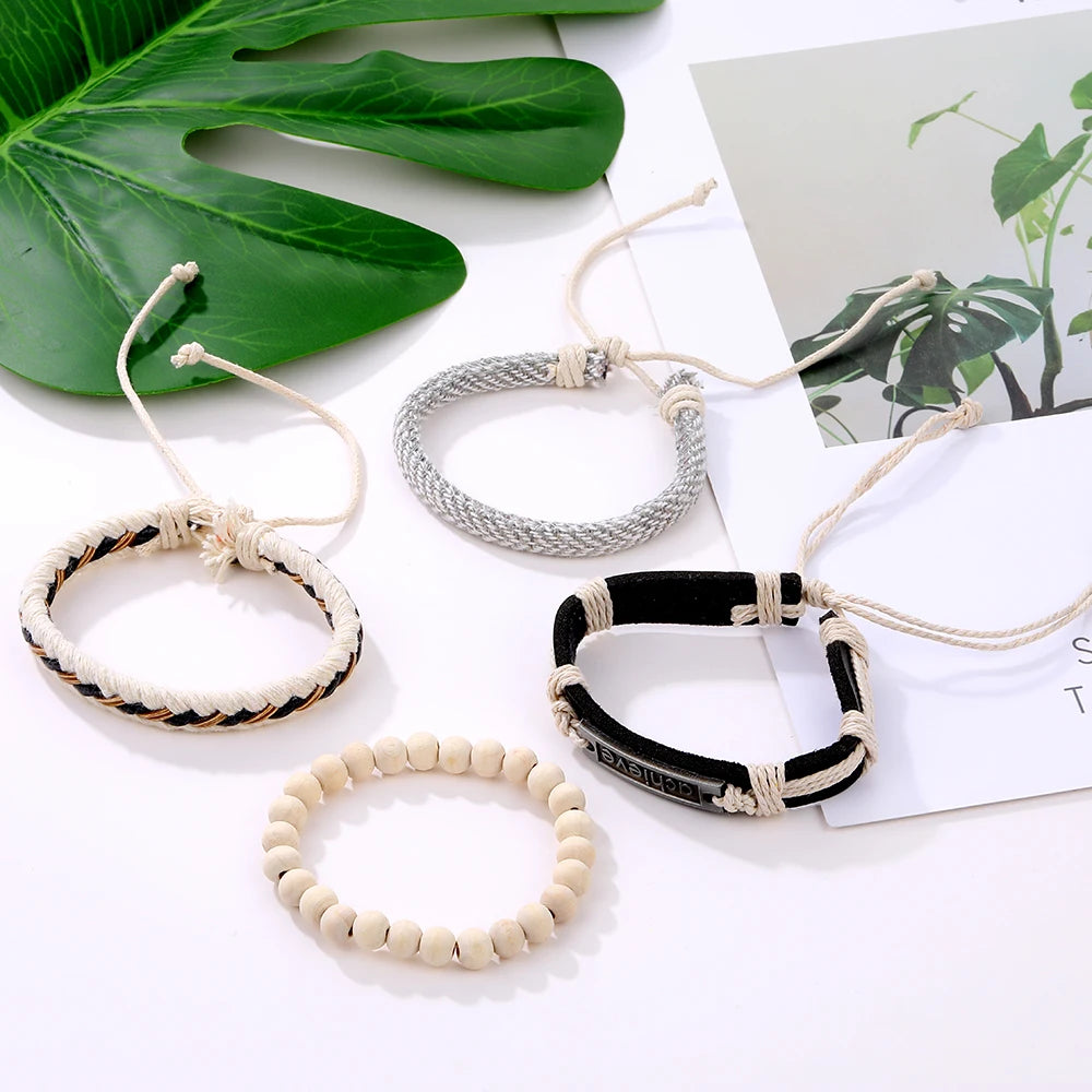 IFMIA Fashion Beads Leather Wrap Bracelet Set Men New Design Wristband Multiple Bracelets & Bangles Party Wedding Jewelry Gifts - Clikcy