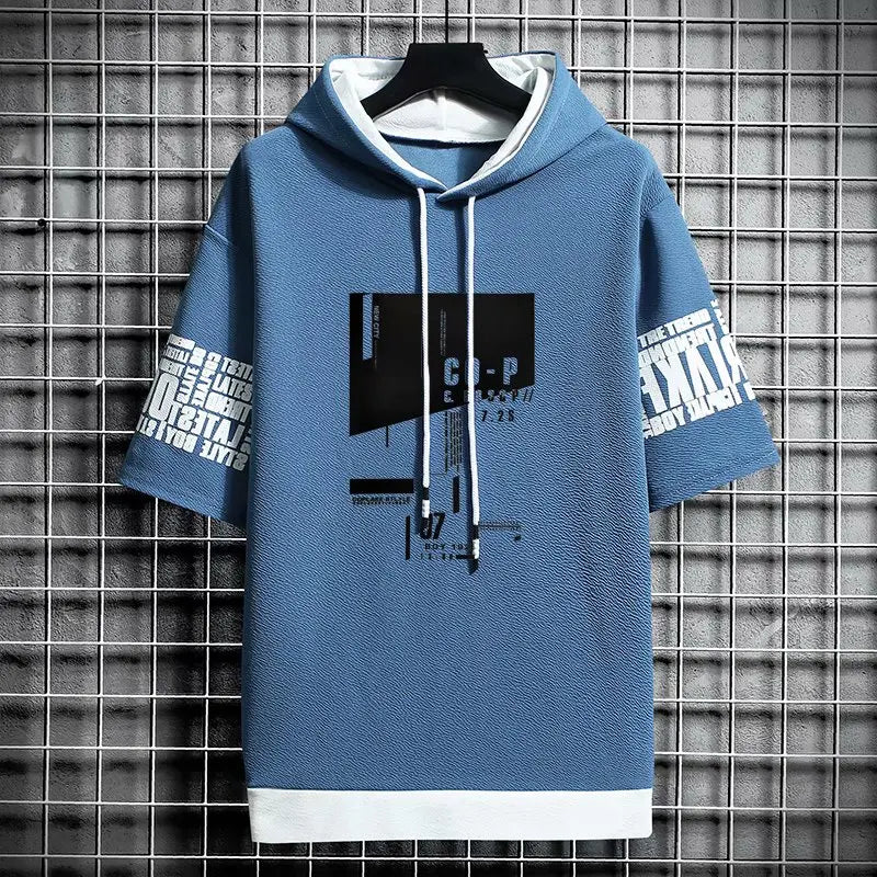 Japan Style Men's Hoodies Fashion Streetwear Short Sleeve Hooded Sweatshirts Men Casual Harajuku Prints Men Clothing Hoodies - Clikcy