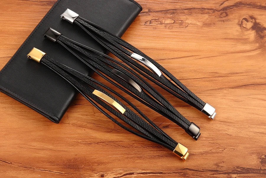 XQNI Geometric Stainless Steel Accessories Combination Leather Men's Bracelet Classic Multi-layer Luxury Style For Handsome Gift - Clikcy