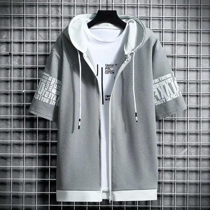 Japan Style Men's Hoodies Fashion Streetwear Short Sleeve Hooded Sweatshirts Men Casual Harajuku Prints Men Clothing Hoodies