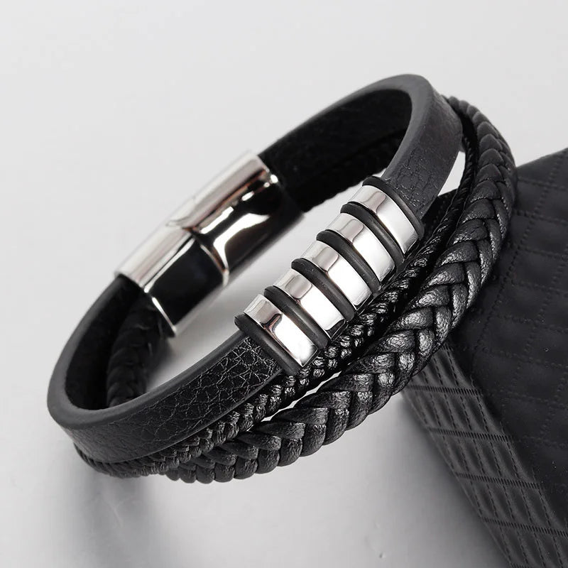 Trendy Genuine Leather Bracelets Men Stainless Steel Multilayer Braided Rope Bracelets for Male Female Bracelets Jewelry